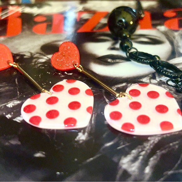 Pink & Red Polka Dot Heart Drop Earrings